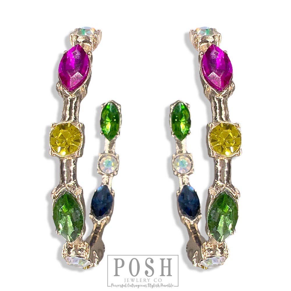 9PE281 - Gold hoop earring with multi-color rhinestones-10-Jewelry-Pink Panache Brands-Krista Anne's Boutique, Women's Fashion and Accessories Located in Oklahoma City, OK and Black Mountain, NC