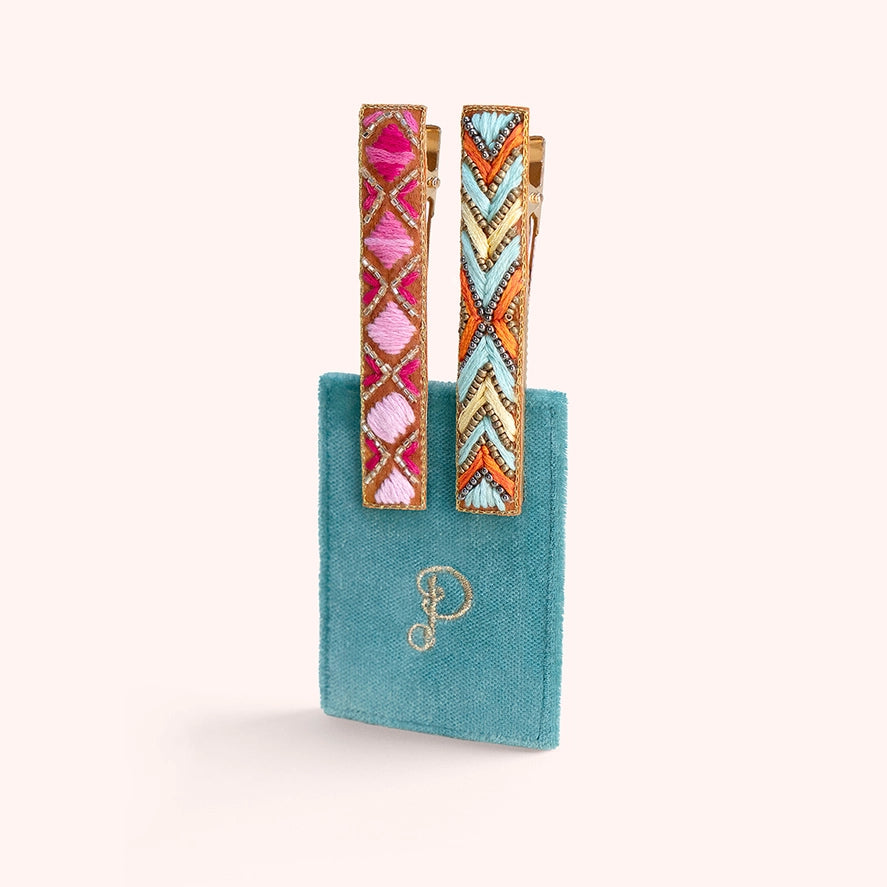 BAR25 - Tribal Print Embellished Hair Bars (Set of 2)-09-Accessories-Powder-Krista Anne's Boutique, Women's Fashion and Accessories Located in Oklahoma City, OK and Black Mountain, NC