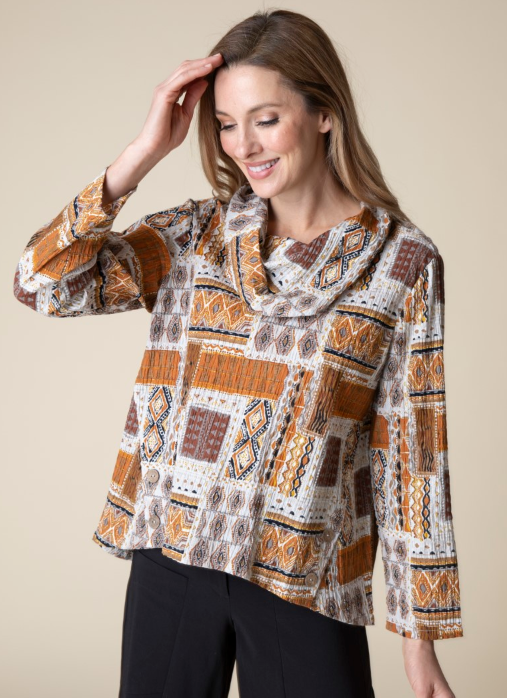 44547 - Folk Patchwork Cowl Pullover-02-Tops/Blouses-Habitat-Krista Anne's Boutique, Women's Fashion and Accessories Located in Oklahoma City, OK and Black Mountain, NC