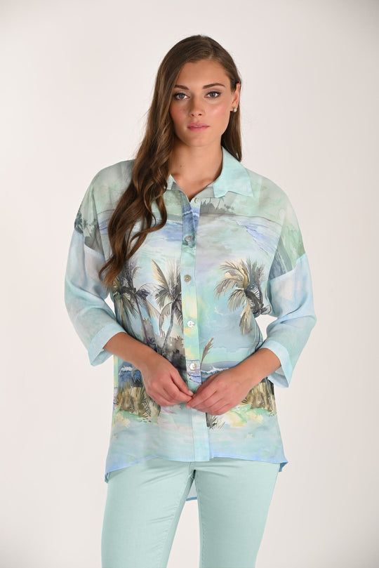 261279 - Palm Tree Print Blouse-03-Tees/Tanks-Frank Lyman-Krista Anne's Boutique, Women's Fashion and Accessories Located in Oklahoma City, OK and Black Mountain, NC