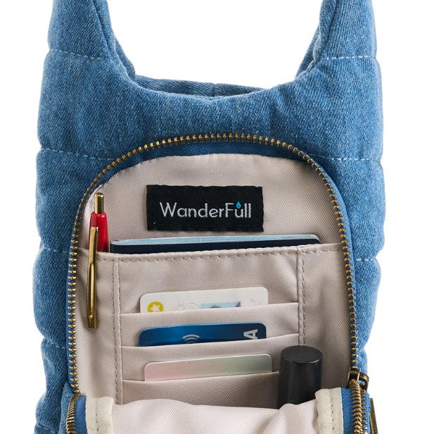 WBB1-Blue - Denim Puffer HydroBag® with Accent Shoulder Strap-09-Accessories-Wanderfull-Krista Anne's Boutique, Women's Fashion and Accessories Located in Oklahoma City, OK and Black Mountain, NC