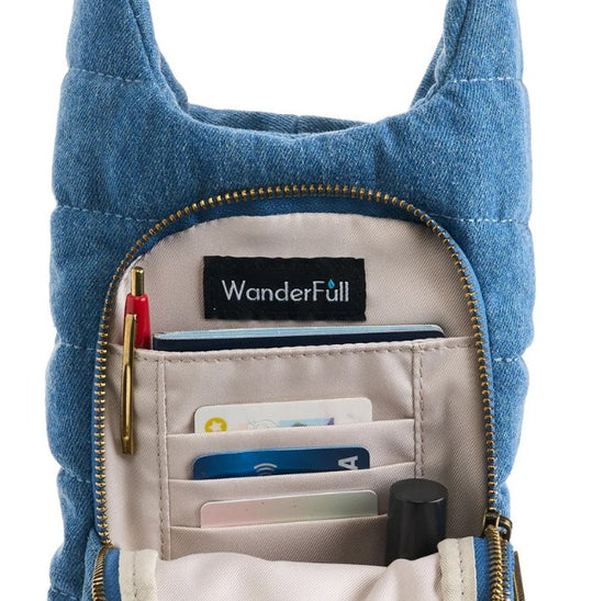 WBB1-Blue - Denim Puffer HydroBag® with Accent Shoulder Strap-09-Accessories-Wanderfull-Krista Anne's Boutique, Women's Fashion and Accessories Located in Oklahoma City, OK and Black Mountain, NC