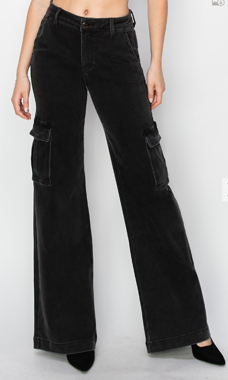 RDP5489H - High Rise Wide Leg Cargo Jeans-04-Bottoms-Risen Jeans-Krista Anne's Boutique, Women's Fashion and Accessories Located in Oklahoma City, OK and Black Mountain, NC