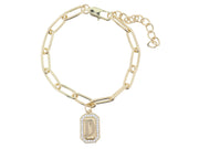 JM6580B - Shiny Gold Paperclip Chain Bracelet w/ Crystal Edged Initial