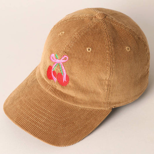 Cherries Ribbon Bow Embroidery Corduroy Cap-09-Accessories-Fashion City-Krista Anne's Boutique, Women's Fashion and Accessories Located in Oklahoma City, OK and Black Mountain, NC