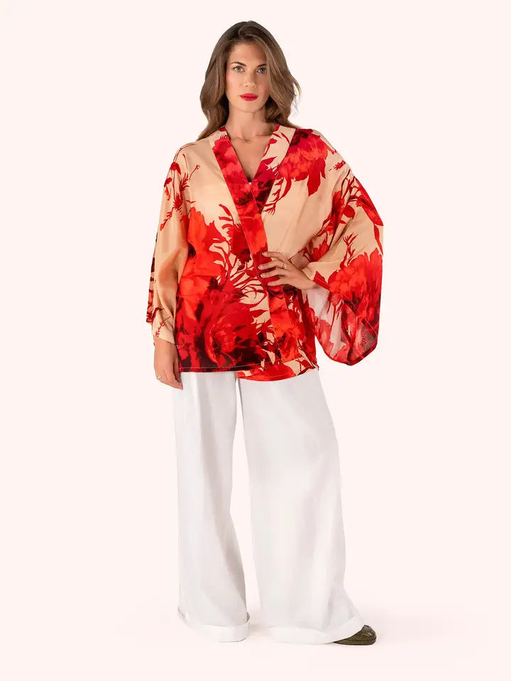 PKJ72 - Rouge Blooms Kimono Jacket-01-Jackets/Blazers-Powder-Krista Anne's Boutique, Women's Fashion and Accessories Located in Oklahoma City, OK and Black Mountain, NC