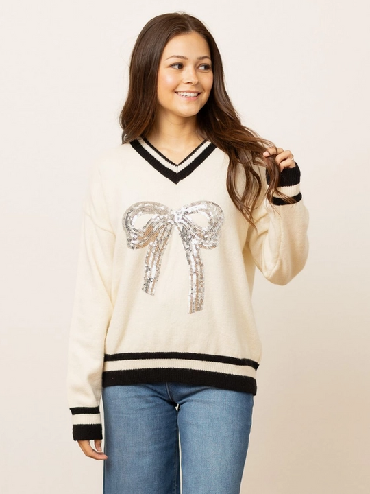 5435 - Sequin Bow Sweater-05-Sweaters-Grace+Emma-Krista Anne's Boutique, Women's Fashion and Accessories Located in Oklahoma City, OK and Black Mountain, NC