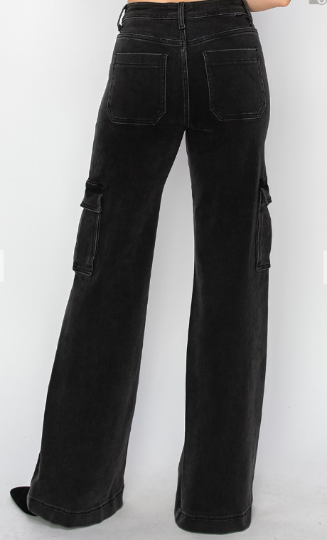 RDP5489H - High Rise Wide Leg Cargo Jeans-04-Bottoms-Risen Jeans-Krista Anne's Boutique, Women's Fashion and Accessories Located in Oklahoma City, OK and Black Mountain, NC