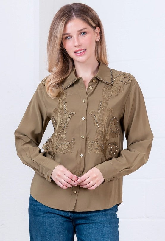 WT4262T - Embellished Button Down Blouse-06-Dresses/Jumpsuits-Aslan Rose-Krista Anne's Boutique, Women's Fashion and Accessories Located in Oklahoma City, OK and Black Mountain, NC
