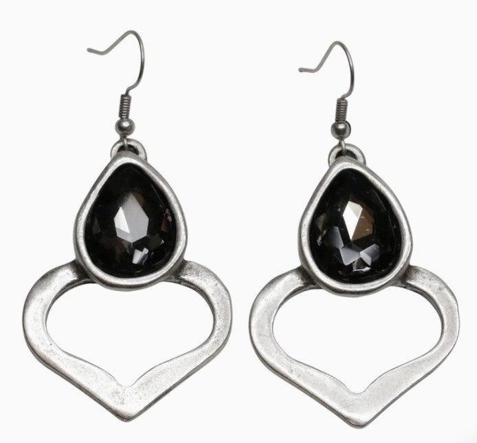 3767G - Silver Open-Heart Earrings with Teardrop Crystal-10-Jewelry-Ancient Bazaar-Krista Anne's Boutique, Women's Fashion and Accessories Located in Oklahoma City, OK and Black Mountain, NC