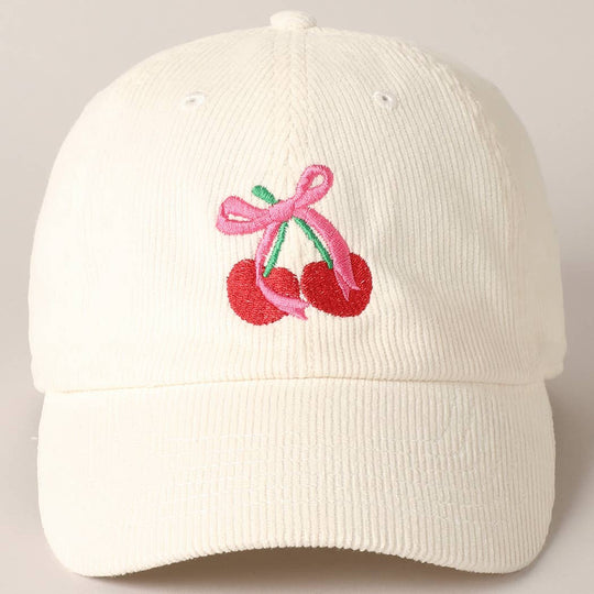 Cherries Ribbon Bow Embroidery Corduroy Cap-09-Accessories-Fashion City-Krista Anne's Boutique, Women's Fashion and Accessories Located in Oklahoma City, OK and Black Mountain, NC