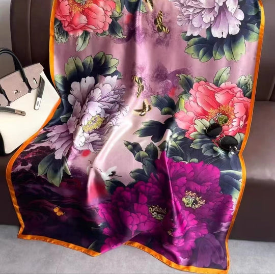 JC023324 - Oriental Peonies Satin Scarf-08-Scarves/Wraps-JC Sunny Fashion-Krista Anne's Boutique, Women's Fashion and Accessories Located in Oklahoma City, OK and Black Mountain, NC