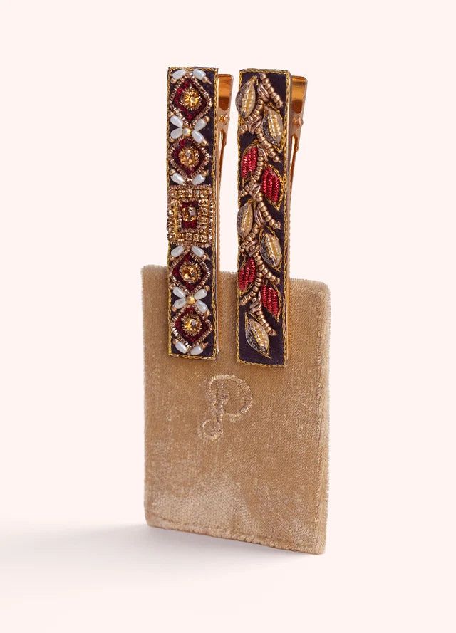 BAR27 - Diamond Flower and Leaves Embellished Hair Bars (Set of 2)-09-Accessories-Powder-Krista Anne's Boutique, Women's Fashion and Accessories Located in Oklahoma City, OK and Black Mountain, NC