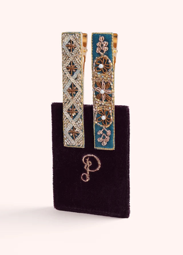 BAR28 - Diamond and Flower Trio Embellished Hair Bars (Set of 2)-09-Accessories-Powder-Krista Anne's Boutique, Women's Fashion and Accessories Located in Oklahoma City, OK and Black Mountain, NC