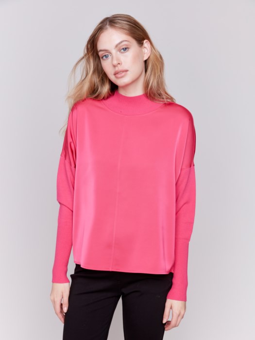 C1345R-686B - Satin Mock Neck Top-02-Tops/Blouses-Charlie B.-Krista Anne's Boutique, Women's Fashion and Accessories Located in Oklahoma City, OK and Black Mountain, NC