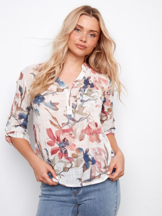 C4188DR - Printed Cotton Gauze Half-Button Blouse-02-Tops/Blouses-Charlie B.-Krista Anne's Boutique, Women's Fashion and Accessories Located in Oklahoma City, OK and Black Mountain, NC