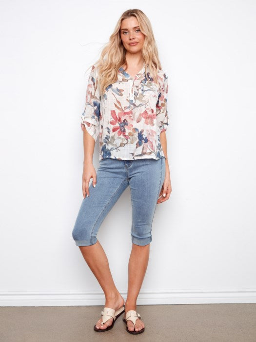 C4188DR - Printed Cotton Gauze Half-Button Blouse-02-Tops/Blouses-Charlie B.-Krista Anne's Boutique, Women's Fashion and Accessories Located in Oklahoma City, OK and Black Mountain, NC