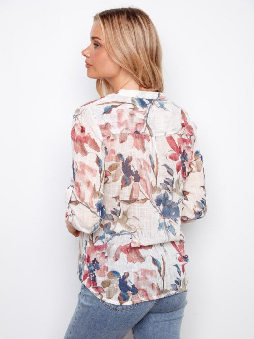 C4188DR - Printed Cotton Gauze Half-Button Blouse-02-Tops/Blouses-Charlie B.-Krista Anne's Boutique, Women's Fashion and Accessories Located in Oklahoma City, OK and Black Mountain, NC