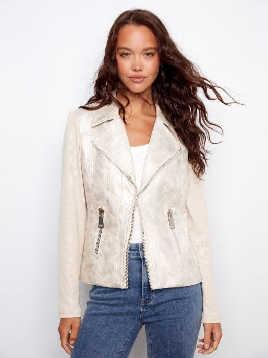 C6273RF - Foiled Faux Leather and Rib Knit Jacket-01-Jackets/Blazers-Charlie B.-Krista Anne's Boutique, Women's Fashion and Accessories Located in Oklahoma City, OK and Black Mountain, NC