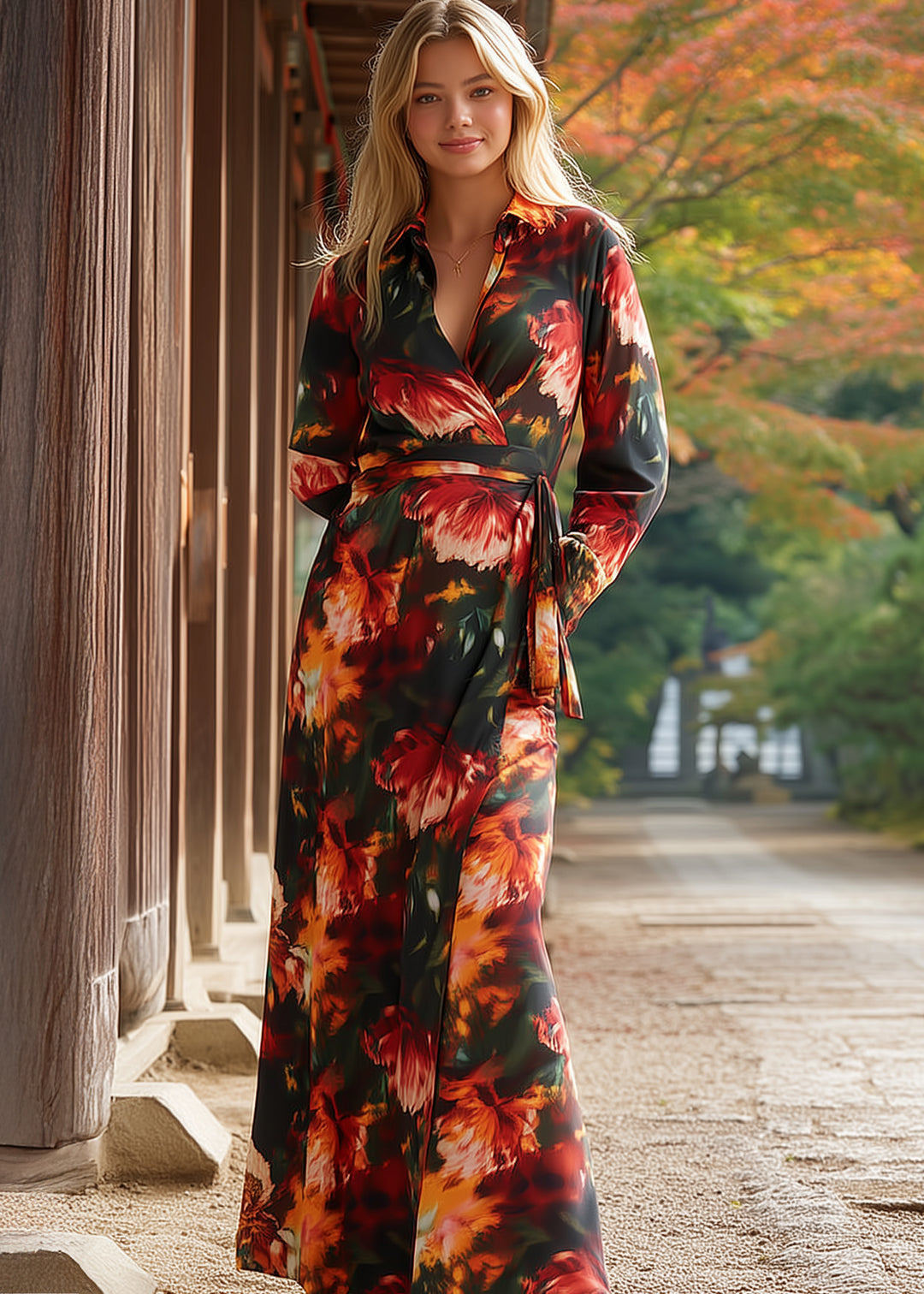 DA32308H - Fall Florals Wrap Dress-06-Dresses/Jumpsuits-Aslan Rose-Krista Anne's Boutique, Women's Fashion and Accessories Located in Oklahoma City, OK and Black Mountain, NC