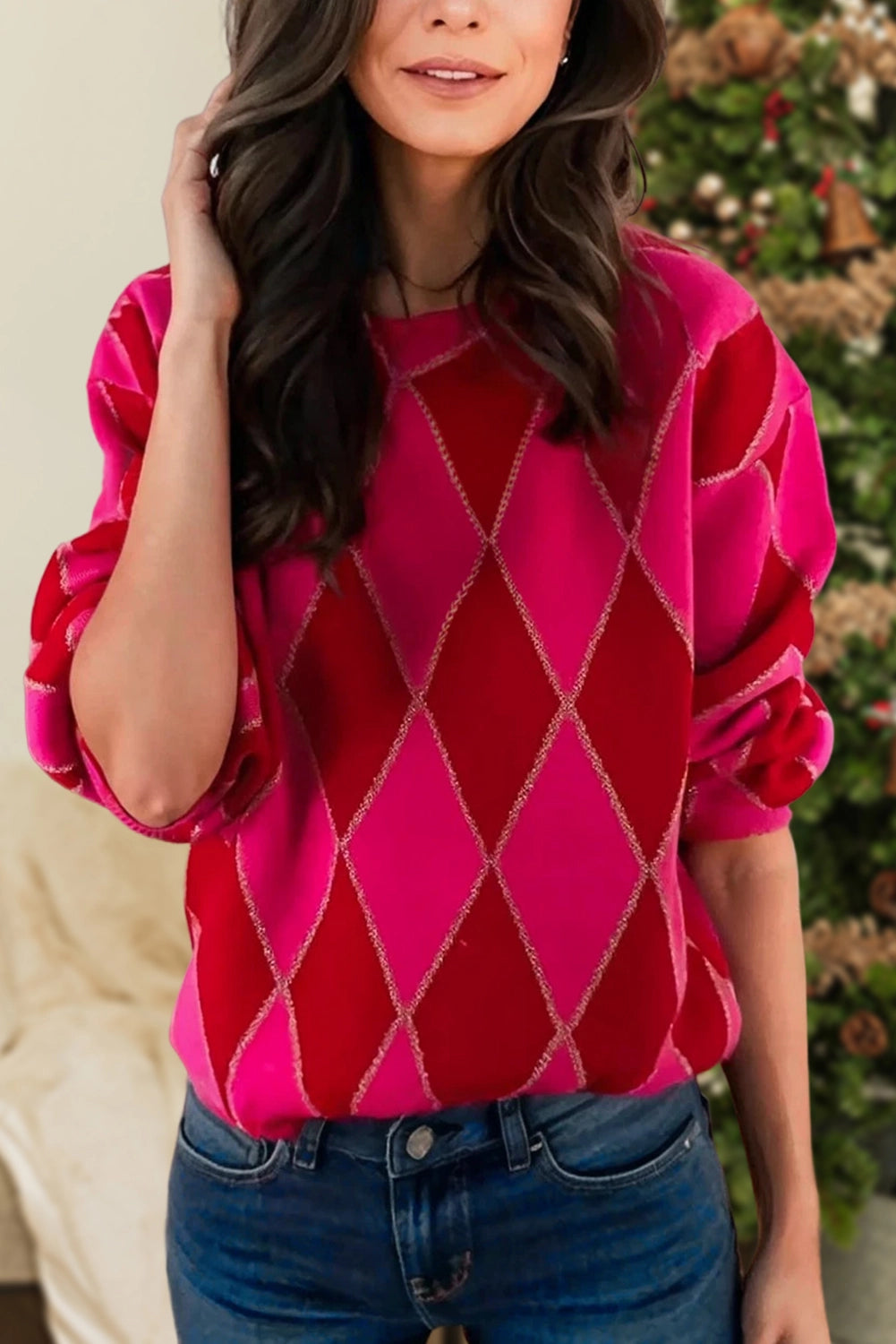 P622 - Valeria Diamond Knit Sweater Top-05-Sweaters-Aapparella-Krista Anne's Boutique, Women's Fashion and Accessories Located in Oklahoma City, OK and Black Mountain, NC