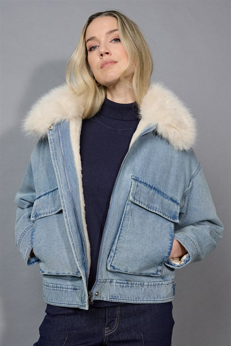 F6408 - Removeable Fur Collar Jean Jacket-01-Jackets/Blazers-Picadilly-Krista Anne's Boutique, Women's Fashion and Accessories Located in Oklahoma City, OK and Black Mountain, NC