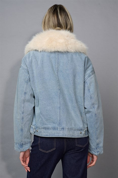 F6408 - Removeable Fur Collar Jean Jacket-01-Jackets/Blazers-Picadilly-Krista Anne's Boutique, Women's Fashion and Accessories Located in Oklahoma City, OK and Black Mountain, NC