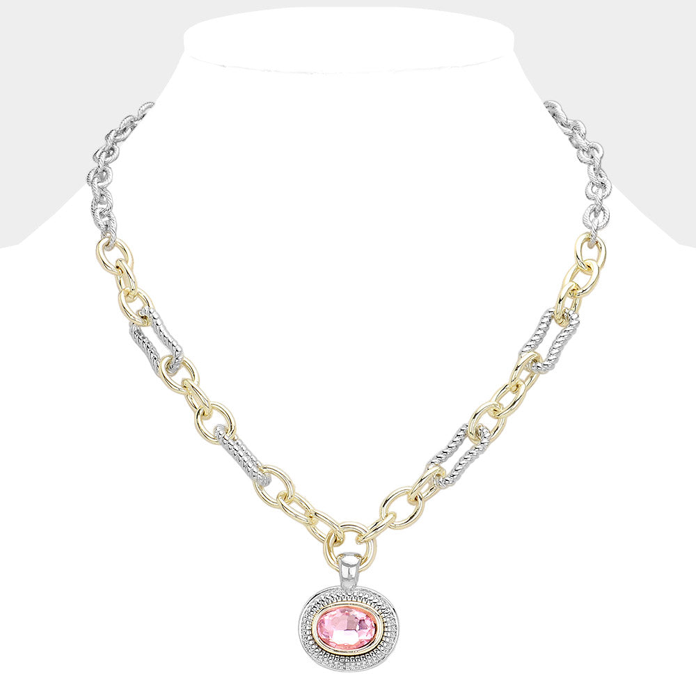 FN9018-K-RO - Haloed Oval Mixed Chain Necklace-10-Jewelry-Wona Trading, Inc.-Krista Anne's Boutique, Women's Fashion and Accessories Located in Oklahoma City, OK and Black Mountain, NC