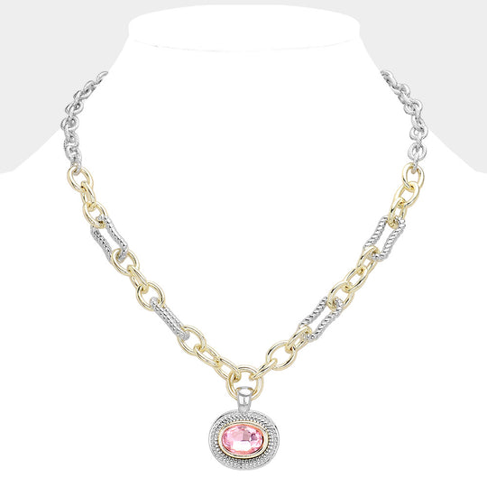FN9018-K-RO - Haloed Oval Mixed Chain Necklace-10-Jewelry-Wona Trading, Inc.-Krista Anne's Boutique, Women's Fashion and Accessories Located in Oklahoma City, OK and Black Mountain, NC