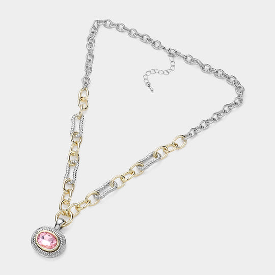 FN9018-K-RO - Haloed Oval Mixed Chain Necklace-10-Jewelry-Wona Trading, Inc.-Krista Anne's Boutique, Women's Fashion and Accessories Located in Oklahoma City, OK and Black Mountain, NC