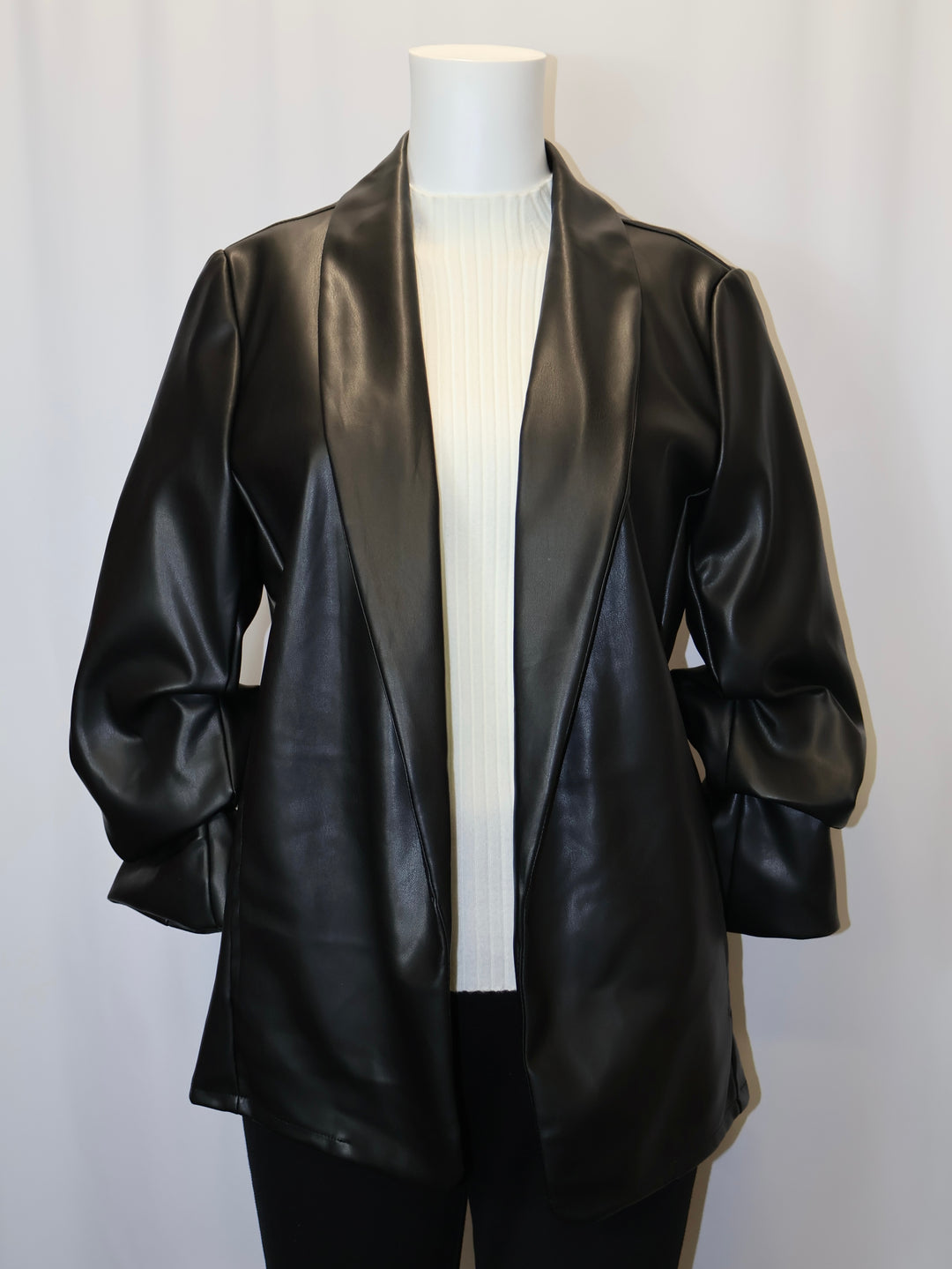 PL09 - Vegan Leather Ruched Sleeve Blazer-01-Jackets/Blazers-Weavz-Krista Anne's Boutique, Women's Fashion and Accessories Located in Oklahoma City, OK and Black Mountain, NC