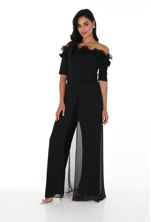 Ruffle Shoulder Chiffon Jumpsuit 248222U-06-Dresses/Jumpsuits-Frank Lyman-Krista Anne's Boutique, Women's Fashion and Accessories Located in Oklahoma City, OK and Black Mountain, NC