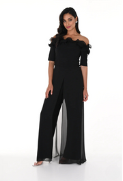 Ruffle Shoulder Chiffon Jumpsuit 248222U-06-Dresses/Jumpsuits-Frank Lyman-Krista Anne's Boutique, Women's Fashion and Accessories Located in Oklahoma City, OK and Black Mountain, NC