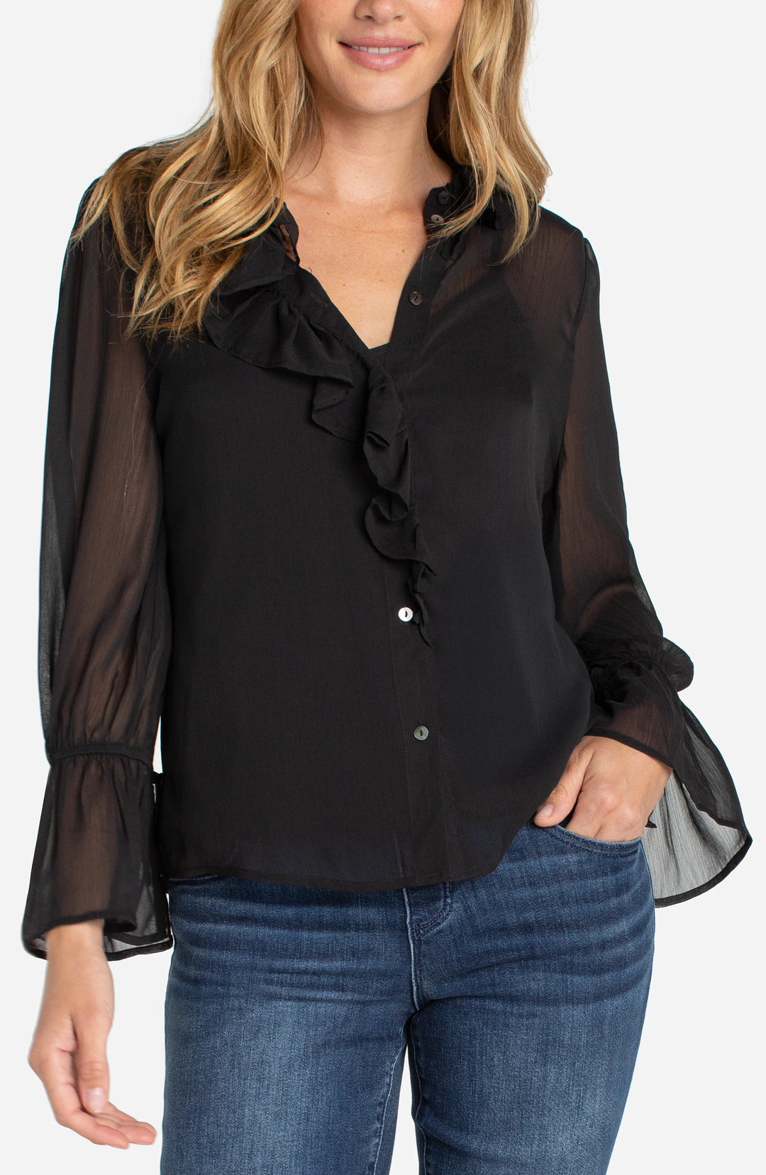 LM8K90PC - Ruffle Front Blouse-02-Tops/Blouses-Liverpool-Krista Anne's Boutique, Women's Fashion and Accessories Located in Oklahoma City, OK and Black Mountain, NC