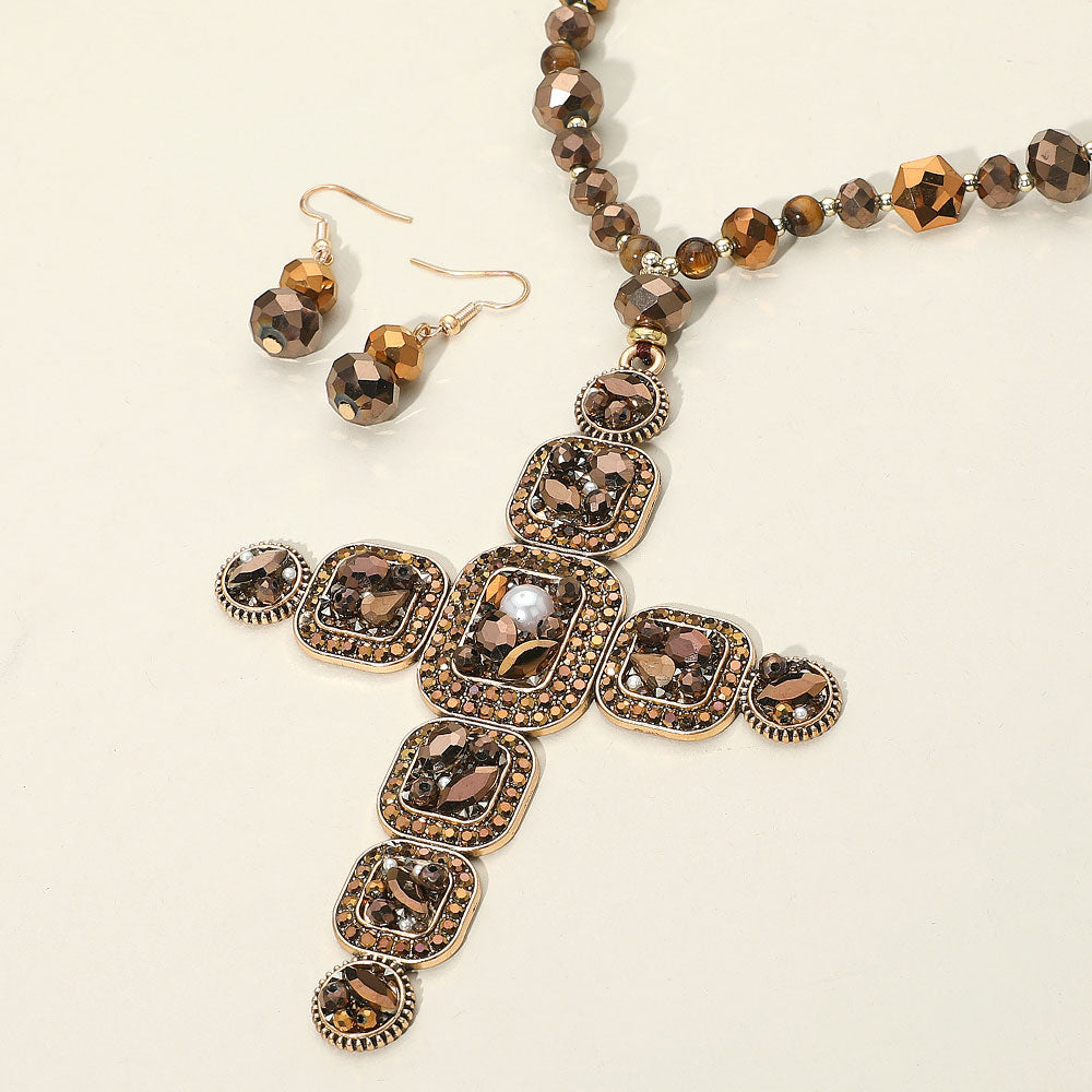 LN660 - Beaded Cross Necklace & Earring Set-10-Jewelry-Wona Trading, Inc.-Krista Anne's Boutique, Women's Fashion and Accessories Located in Oklahoma City, OK and Black Mountain, NC