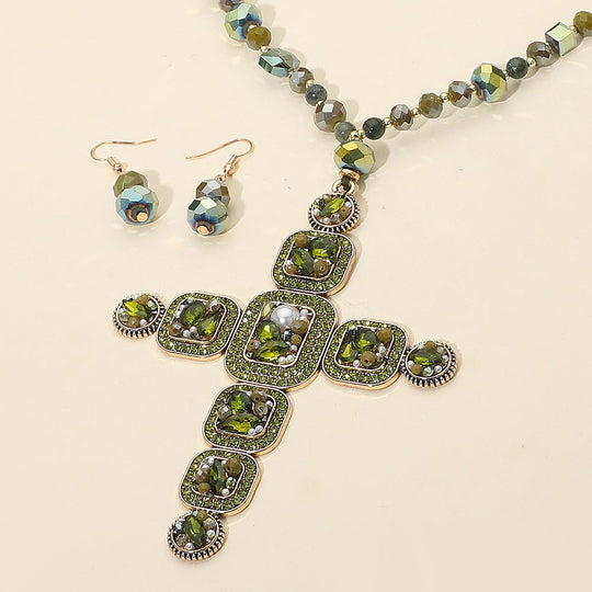 LN660 - Beaded Cross Necklace & Earring Set-10-Jewelry-Wona Trading, Inc.-Krista Anne's Boutique, Women's Fashion and Accessories Located in Oklahoma City, OK and Black Mountain, NC