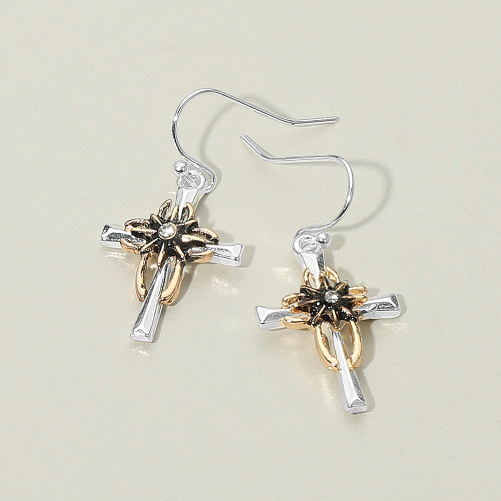 MSE8642 - Two-Tone Cross Drop Earrings-10-Jewelry-Wona Trading, Inc.-Krista Anne's Boutique, Women's Fashion and Accessories Located in Oklahoma City, OK and Black Mountain, NC