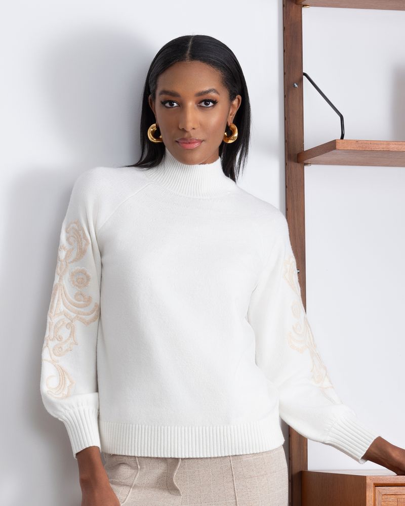 A46005 - Embroidered Sleeve Sweater-05-Sweaters-Alison Sheri-Krista Anne's Boutique, Women's Fashion and Accessories Located in Oklahoma City, OK and Black Mountain, NC