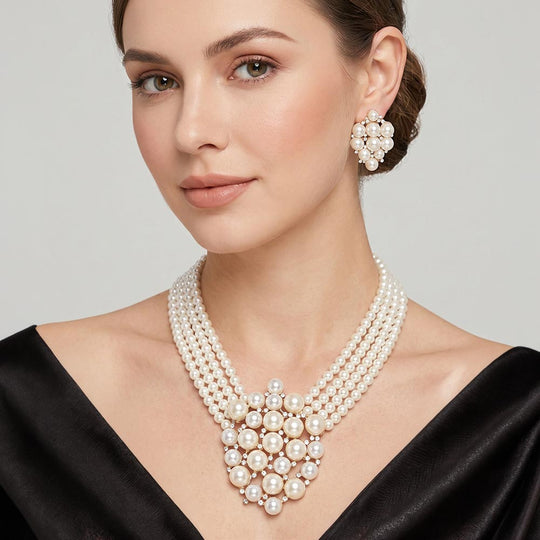 PN165-CR - Layered Pearls Necklace and Earrings-10-Jewelry-Wona Trading, Inc.-Krista Anne's Boutique, Women's Fashion and Accessories Located in Oklahoma City, OK and Black Mountain, NC