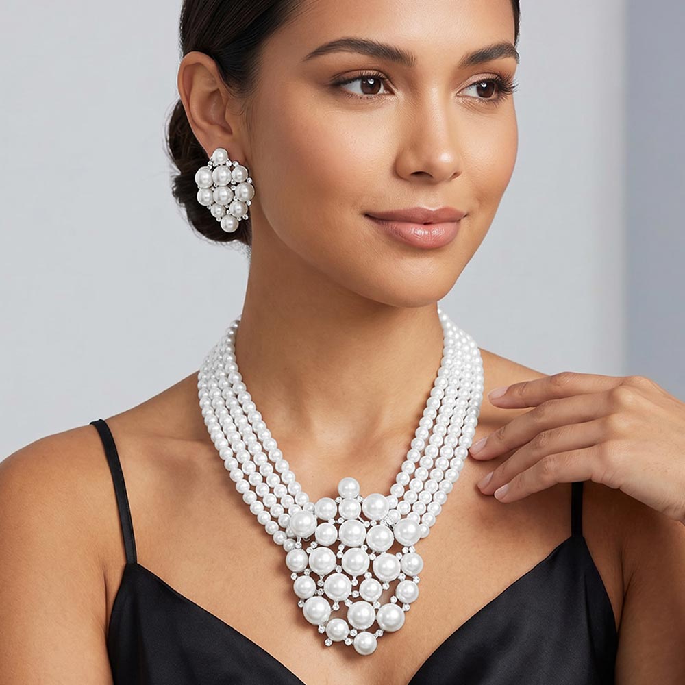 PN165-CR - Layered Pearls Necklace and Earrings-10-Jewelry-Wona Trading, Inc.-Krista Anne's Boutique, Women's Fashion and Accessories Located in Oklahoma City, OK and Black Mountain, NC
