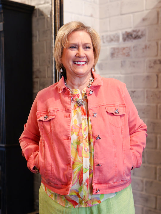 Z6421 - Denim Jacket w/ Flower Buttons-01-Jackets/Blazers-Picadilly-Krista Anne's Boutique, Women's Fashion and Accessories Located in Oklahoma City, OK and Black Mountain, NC