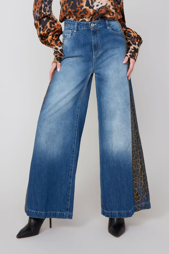 R11036D - Wide Leg Jean w/ Animal Print Detailing-04-Bottoms-Renuar-Krista Anne's Boutique, Women's Fashion and Accessories Located in Oklahoma City, OK and Black Mountain, NC
