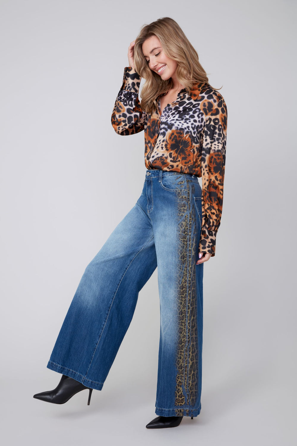 R11036D - Wide Leg Jean w/ Animal Print Detailing-04-Bottoms-Renuar-Krista Anne's Boutique, Women's Fashion and Accessories Located in Oklahoma City, OK and Black Mountain, NC