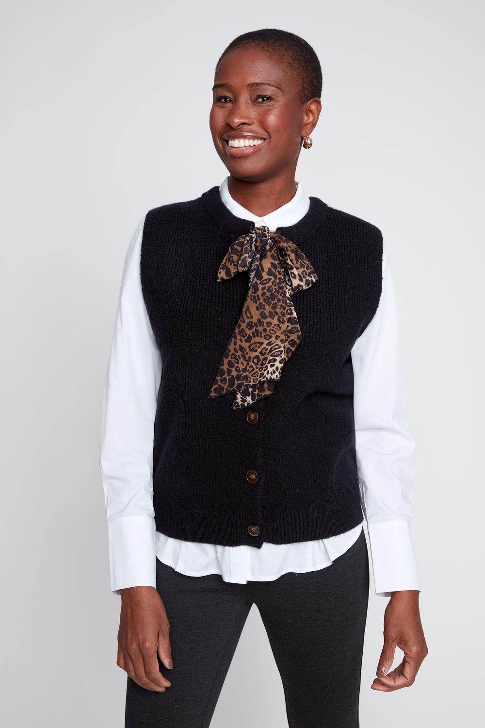 R6006-4481 - Sleeveless Cardi w/ Leopard Bowtie-05-Sweaters-Renuar-Krista Anne's Boutique, Women's Fashion and Accessories Located in Oklahoma City, OK and Black Mountain, NC