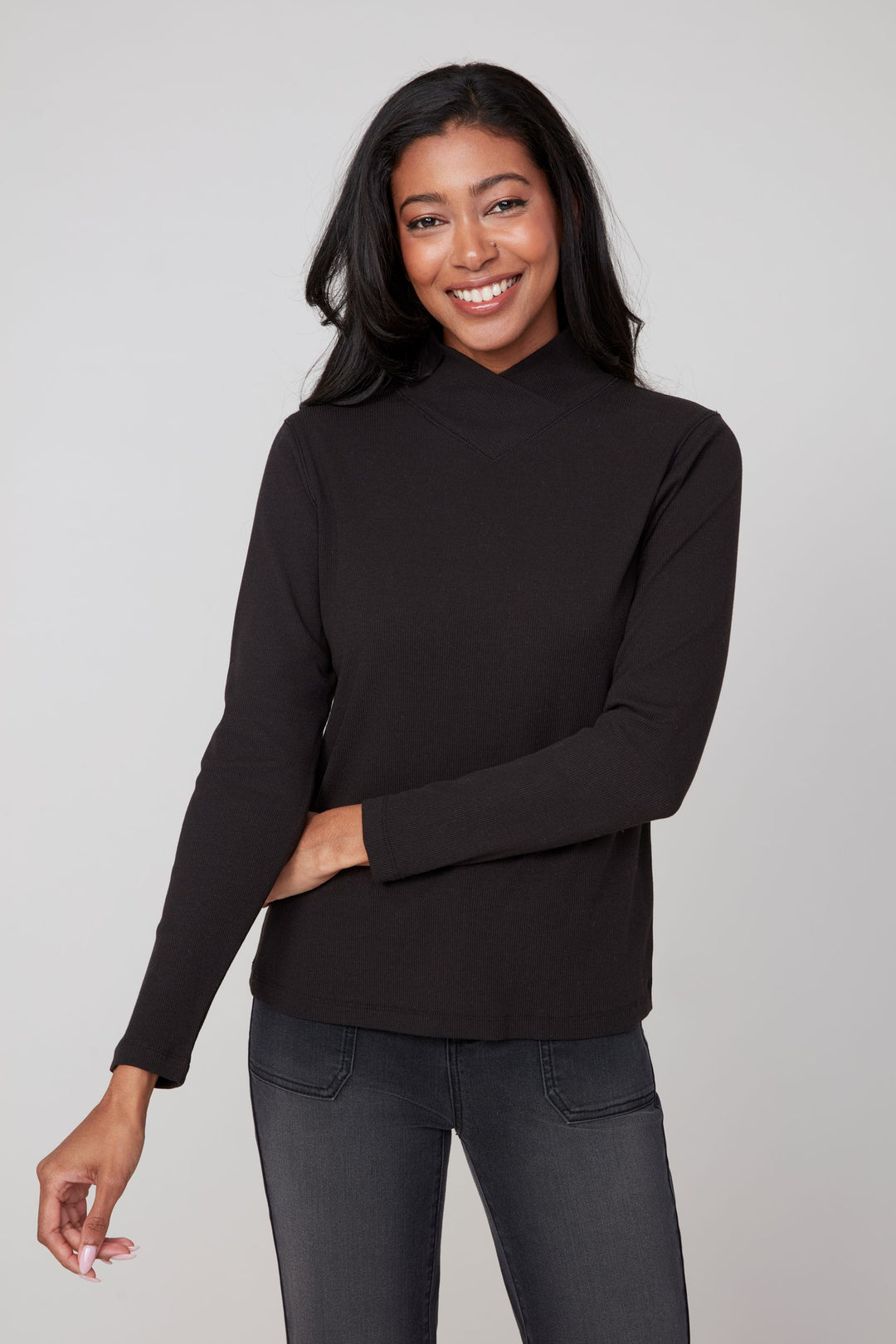 R7801 - Cross Over Mock Neck Top-02-Tops/Blouses-Renuar-Krista Anne's Boutique, Women's Fashion and Accessories Located in Oklahoma City, OK and Black Mountain, NC