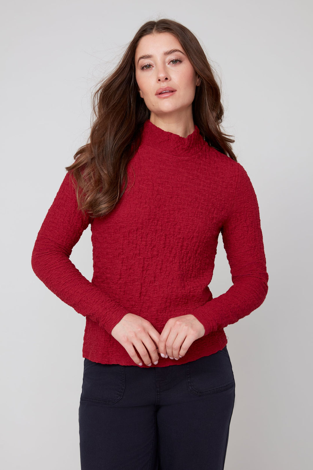 R7802 - Crinkle Mock Neck Top-02-Tops/Blouses-Renuar-Krista Anne's Boutique, Women's Fashion and Accessories Located in Oklahoma City, OK and Black Mountain, NC