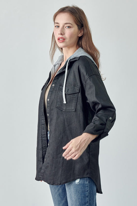 RDJ1191 - Hooded Coated Denim Jacket-01-Jackets/Blazers-Risen Jeans-Krista Anne's Boutique, Women's Fashion and Accessories Located in Oklahoma City, OK and Black Mountain, NC