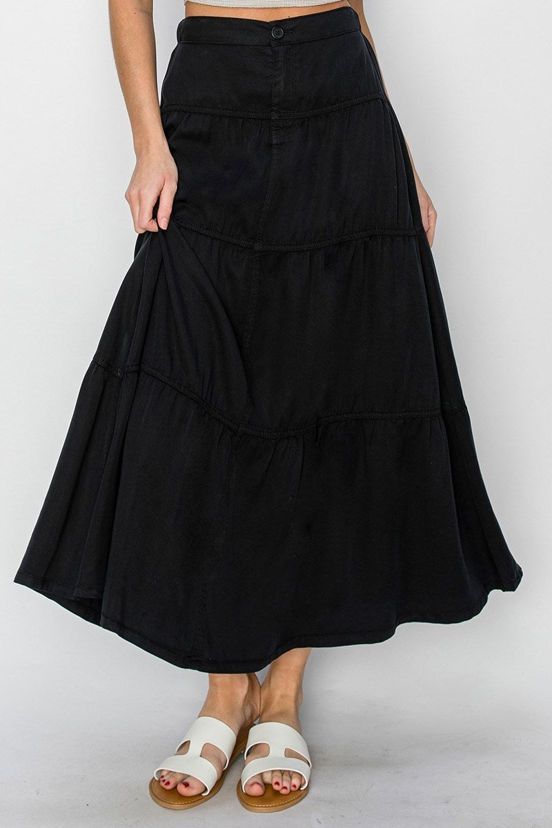 RDS6221 - High Rise Tiered Tencel Skirt-04-Bottoms-Risen Jeans-Krista Anne's Boutique, Women's Fashion and Accessories Located in Oklahoma City, OK and Black Mountain, NC