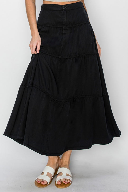 RDS6221 - High Rise Tiered Tencel Skirt-04-Bottoms-Risen Jeans-Krista Anne's Boutique, Women's Fashion and Accessories Located in Oklahoma City, OK and Black Mountain, NC