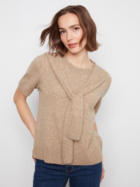 C2069-690C - Half Sleeve Sweater w/ Neck Tie-02-Tops/Blouses-Charlie B.-Krista Anne's Boutique, Women's Fashion and Accessories Located in Oklahoma City, OK and Black Mountain, NC